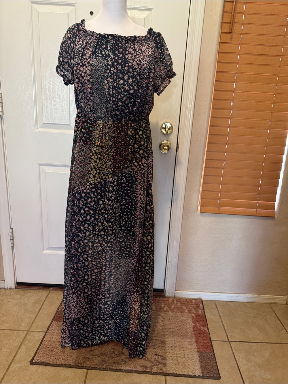 Lulu's Black Floral Patchwork Maxi Dress with Pink Accents